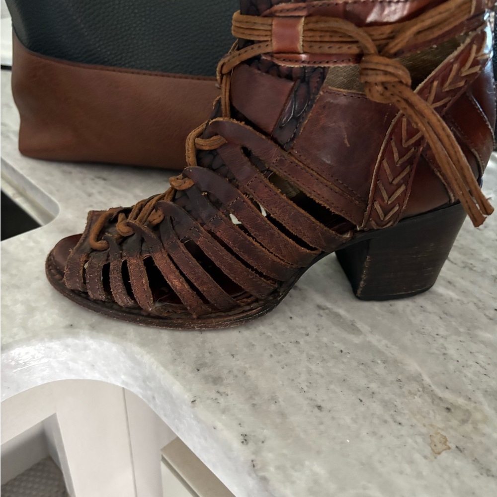 Freebird Brown Ankle Boots with Chunky Heel and Woven Design